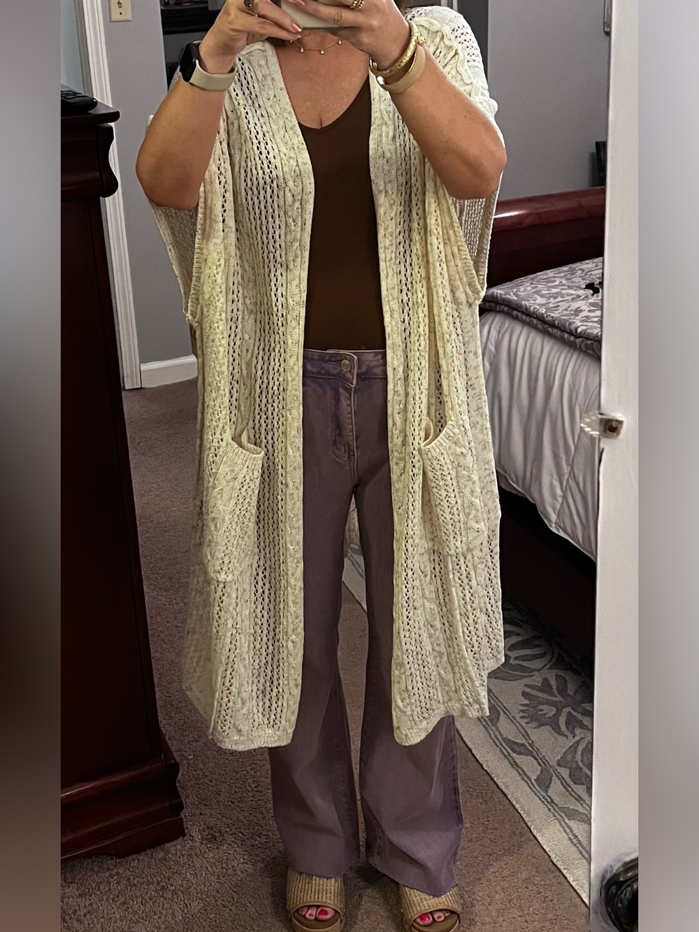 POL Ivory Cable Knit Open Front Long Cardigan Vest Size L Pockets